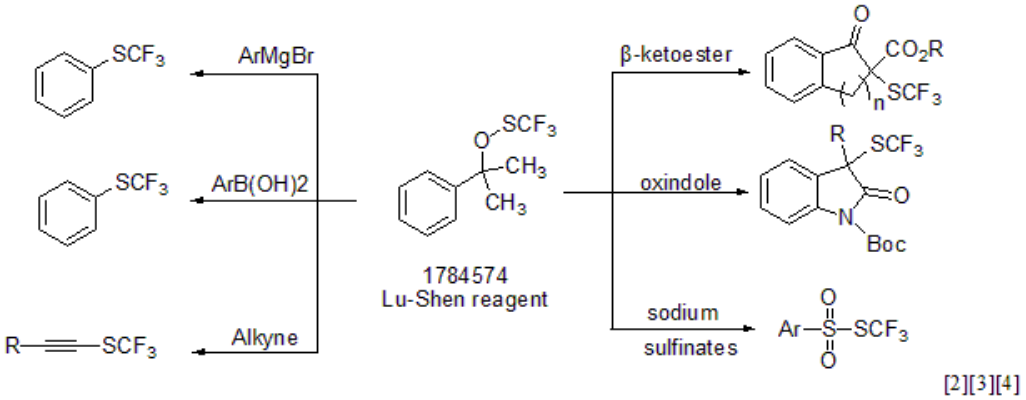 图3：三氟甲基氧硫醚 (Lu－Shen reagent)在温和的反应条件下与格氏试剂、芳基以及烷基硼酸、烷基羧酸、炔烃、吲哚、β-酮酸酯、羟吲哚和亚磺酸钠等多种亲核试剂反应。