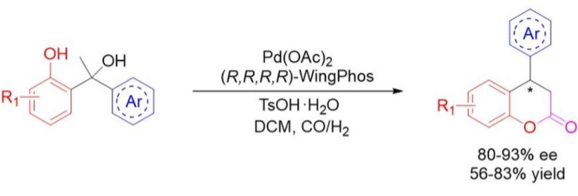 An efficient asymmetric hydroesterfication of diarylmethyl carbinols is developed for the first time with a Pd-WingPhos catalyst, resulting in a series of chiral 4-aryl-3,4-dihydrocoumarins in excellent enantioselectivities and good yields.<br><br>