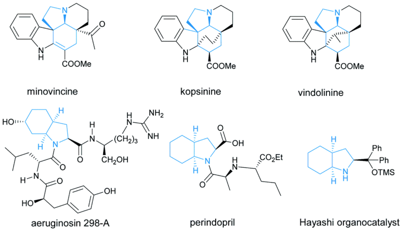 图1 具有顺式氢化吲哚骨架的天然产物，药物有机催化剂
