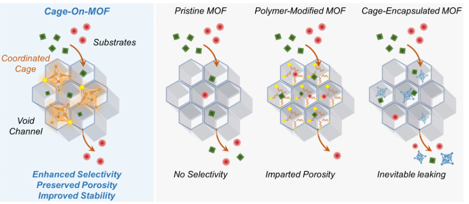 图1 Cage-on-MOF材料相对于原始MOF、聚合物改性MOF和cage-encapsulated-MOF的优势<sup>[1]</sup>