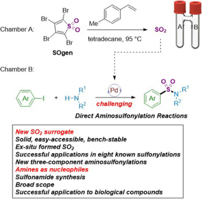 图2 SOgen试剂应用于钯催化芳基碘与胺直接氨基磺酰化反应<sup>[1]</sup>