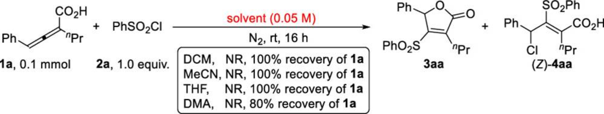 图2 传统亲电环化条件下4-苯基-2-丙基-2,3-丁二烯酸和苯磺酰氯的环化反应